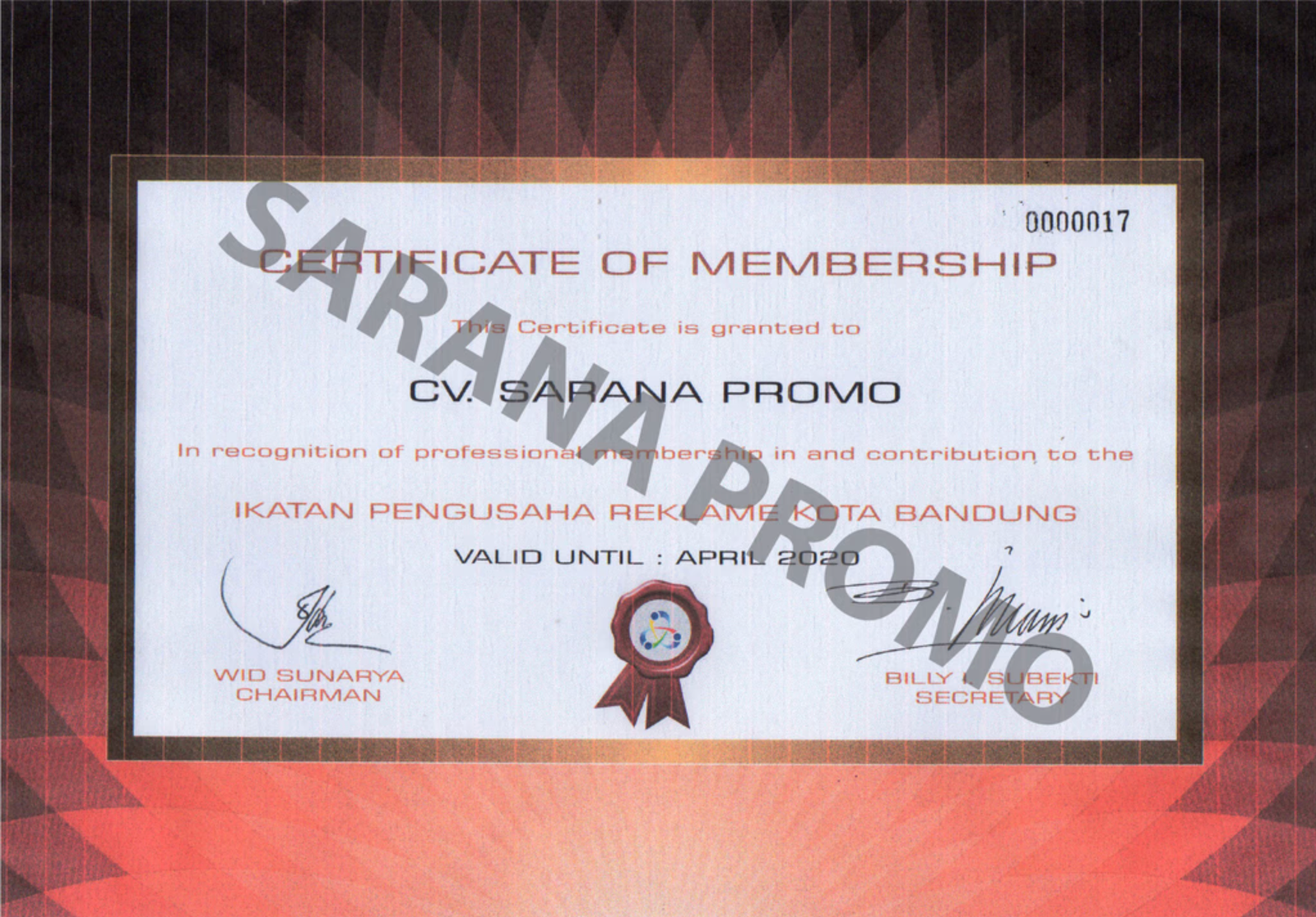 Sertifikat Ikatan Pengusaha Reklame Kota Bandung